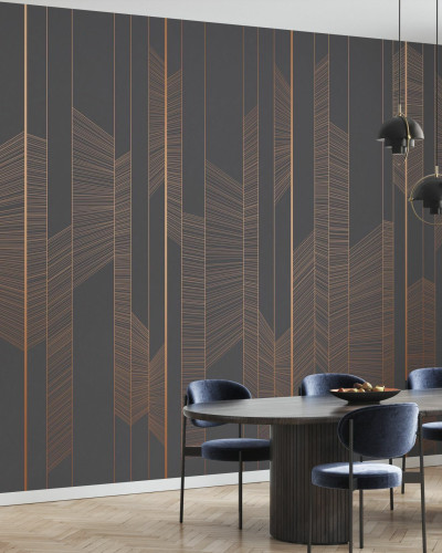 Tapet geometric modern, cu linii subtile din aur roz pe un fundal de moale