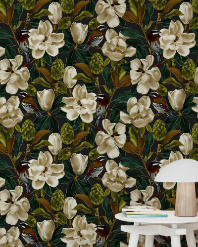 Tapet cu flori Magnolia Antracite cu flori albe de magnolie pe fundal antracit