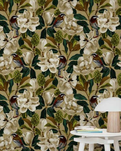 Tapet cu flori de magnolie albe și păsări colorate pe un fundal verde