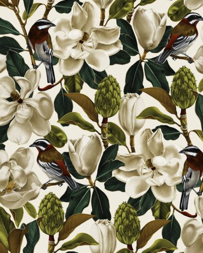 Tapet floral Magnolia Snow cu flori albe de magnolie, frunze verzi și pasări colorate