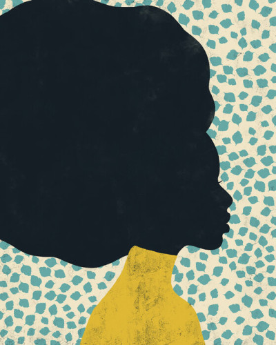 Tapet modern Woman Leaves cu un design abstract, reprezentând o femeie cu părul negru pe un fundal cu frunze verzi, cu un efect de textură vintage.
