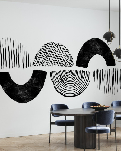 Tapet minimalist cu forme abstracte, perfect pentru o sală de mese cu un aer modern.