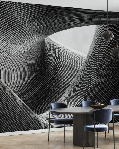 Tapet Lines cu design abstract cu linii curbe în nuanțe de gri.