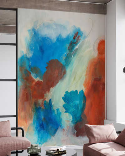 Tapet abstract modern Fire and Water II, cu nuanțe de albastru și portocaliu.