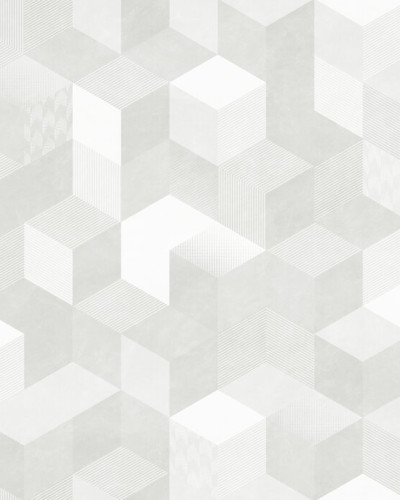 Tapet geometric 3D cu model de cuburi suprapuse in nuante de gri si alb