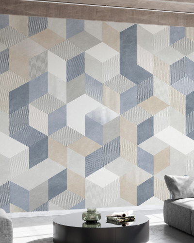 Tapet modern Casablanca Cubes, Sea cu design geometric în nuanțe de albastru, gri și bej.