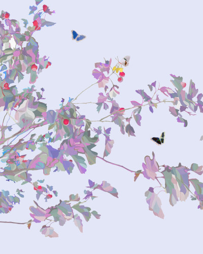 Tapetă Butterfly Twig on Peaceful Blue cu design elegant cu ramuri delicate și fluturi multicolori, pe un fundal albastru liniștitor.