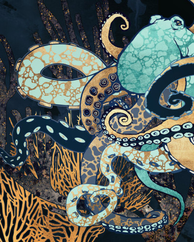 Tapet Metallic Octopus cu un design artistic, cu o caracatiță metalică pe fundal marin