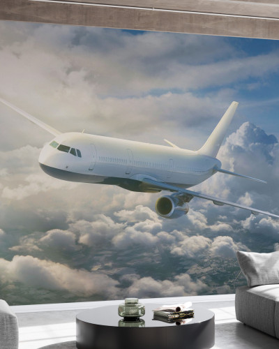 Imagine a unui tapet cu un avion care zboară deasupra norilor, într-un decor modern de living.