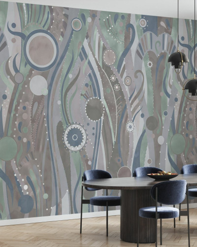 Tapet geometric cu design abstract modern in culori de verde, albastru, maro si gri