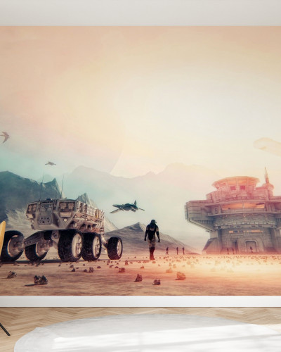 Fototapet cu tematică spațială Planetary Space Exploration Photowall. Imaginea prezintă un peisaj extraterestru cu nave spațiale, astronauți și o bază spațială.
