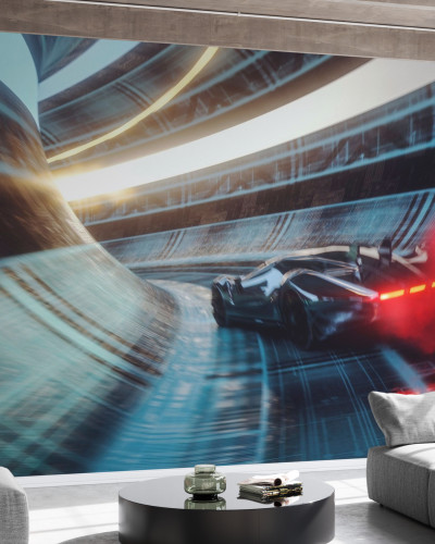 Tapet Speeding Sports Car cu o mașină de curse care zboară printr-un tunel futuristic.