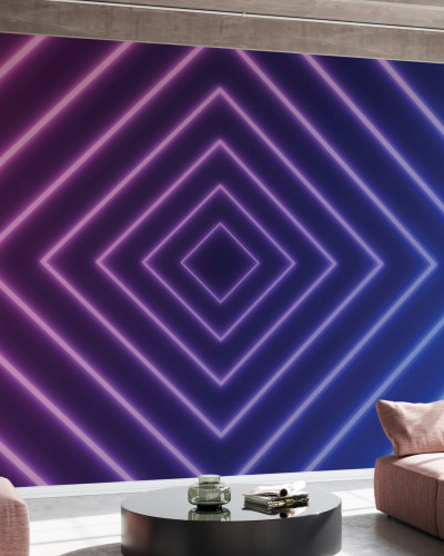 Tapet modern cu design geometric vibrant, roz aprins și albastru electric, Glowing Pink and Blue Warp.