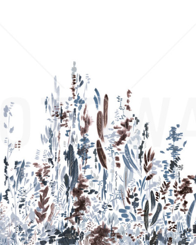 Wallpaper abstract cu frunze delicate și flori stilizate, în nuanțe de mentă, gri deschis și maro.