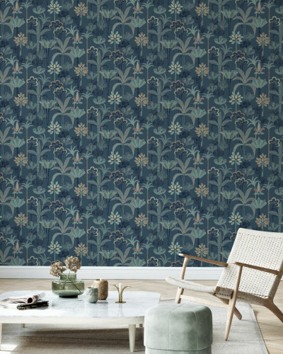 Tapet cu model floral exotic, Jungle Deco, cu frunze tropicale delicate și o paletă de culori vibrante