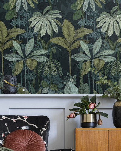 Tapet cu design tropical, frunze verzi, plante tropicale, design exotic, tapet pentru pereti, decoratiuni interioare