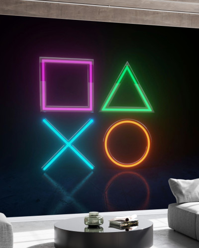 Fototapet Neon Lights Game Symbols, Photowall, cu simbolurile clasice ale jocurilor video, iluminate cu lumini neon vibrante