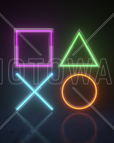 Fototapet Neon Lights Game Symbols, Photowall, cu simbolurile clasice ale jocurilor video, iluminate cu lumini neon vibrante
