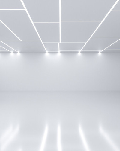 Tapet cu design geometric, ce prezinta un perete intr-o camera de zi, cu canapea, masa si scaune.