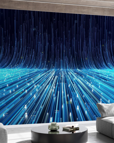 Abstract Flowing Data Ramp wallpaper in a modern living room.