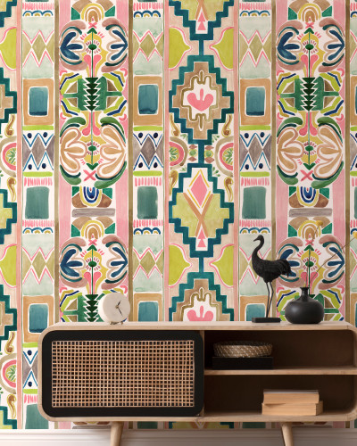 Tapet cu design abstract, in culori vibrante, cu motive geometrice si boeme
