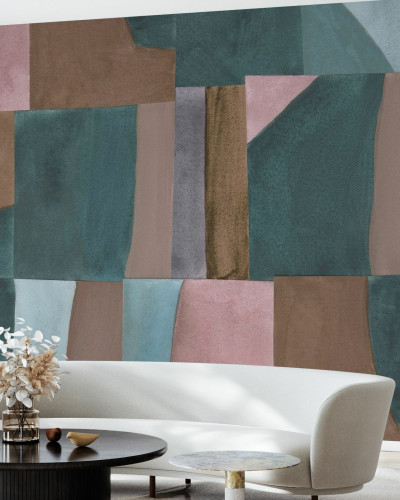 Tapet abstract modern cu nuanțe de maro, roz și verde, ideal pentru living sau dormitor