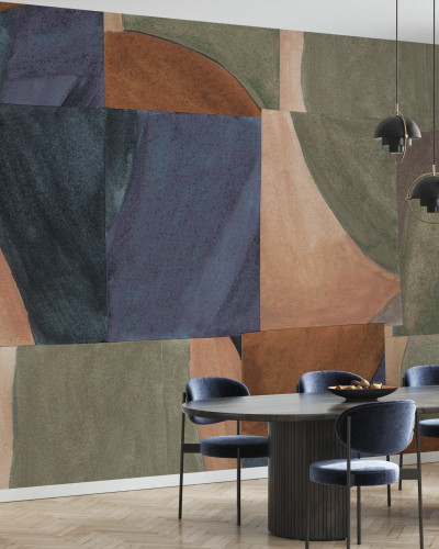 Wallpaper geometric abstract cu motive în nuanțe de maro, verde și albastru