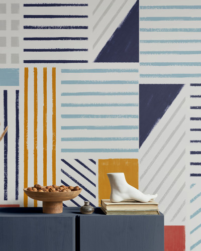 Tapet geometric abstract cu culori vibrante, perfect pentru a crea un decor modern și elegant.