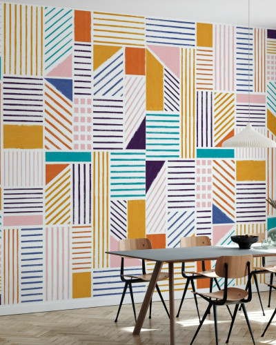 Tapet abstract Cityscape, Winter, cu linii colorate, cu accente de galben, portocaliu, roz si turcoaz, perfect pentru a crea o atmosfera dinamica si moderna in casa dumneavoastra. Patternul geometric si abstract al tapetului adauga un plus de originalitat