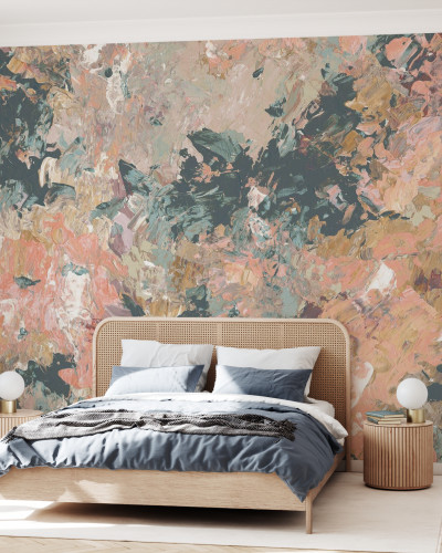 Tapet cu design abstract pictural, nuanțe calde și luminoase, perfect pentru dormitoare, livinguri sau birouri.