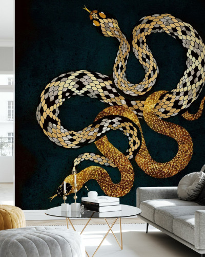 Un șarpe auriu pe un fundal albastru închis.  Designul este modern și poate crea un accent unic în livingul dumneavoastră.