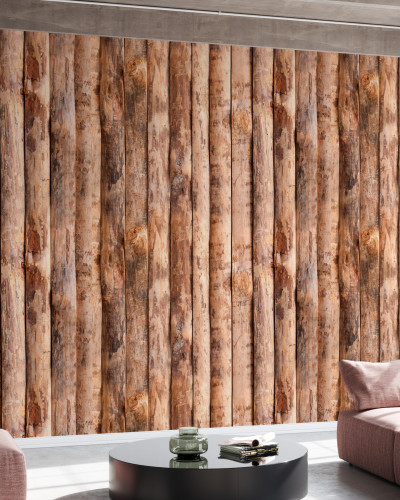 Fototapet cu aspect de lemn natural într-un living modern