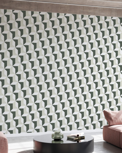 Tapet geometric cu forme simple, dar elegante, în nuanțe de gri și bej.