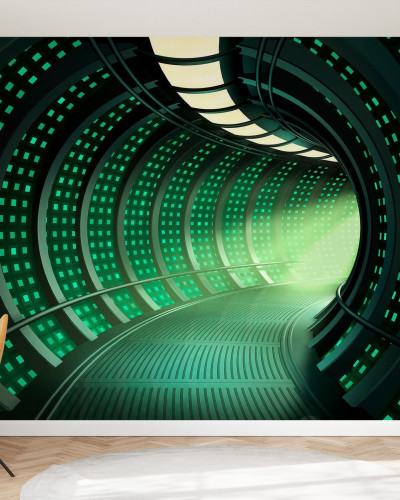 Tapet Escape to Space Tunnel, care prezintă un tunel spațial futurist cu lumini strălucitoare.