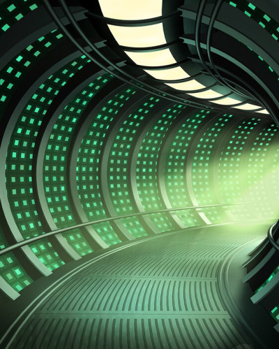 Tapet Escape to Space Tunnel, care prezintă un tunel spațial futurist cu lumini strălucitoare.