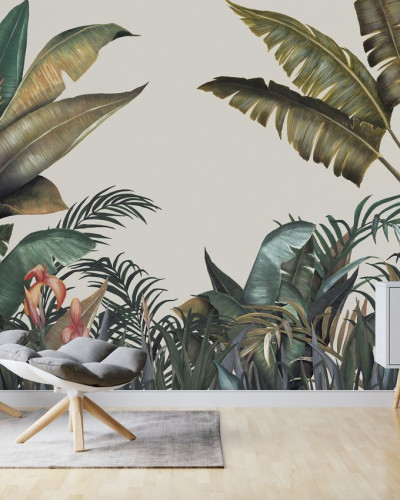 Tapet tropical cu frunze luxuriante, design realist, culori vibrante