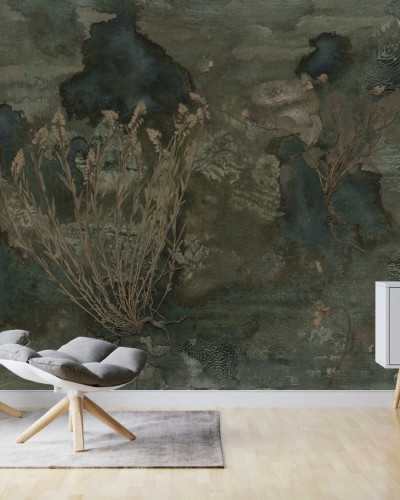 Tapet cu design floral, cu plante uscate pe un fundal verde-albastru.