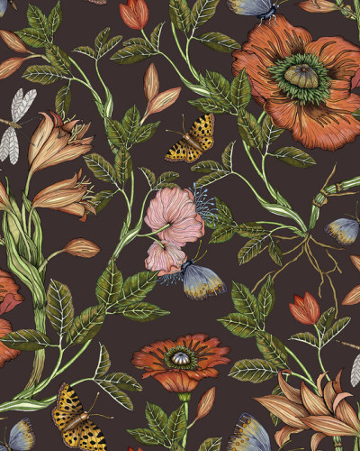 Wallpaper floral cu flori, fluturi și libelule