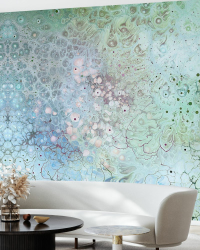 Tapet abstract Aura Biosphere cu nuante pastelate de albastru si verde