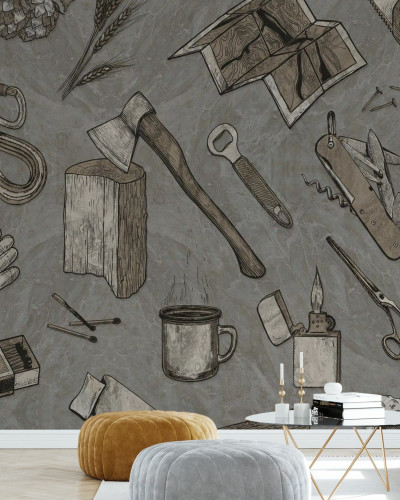The Lumberjack, Stone - Un The Lumberjack, Stone cu design de camping, cu un urs, un topor, o sfoară și un copac