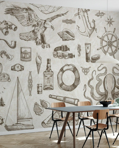 Tapet de perete The Sailor, Cream, cu un design marin delicat, perfect pentru un decor clasic.