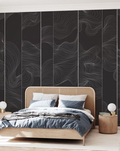 Perete grafic cu linii curbate, minimalist și elegant, perfect pentru a crea o atmosferă modernă în dormitorul dumneavoastră.