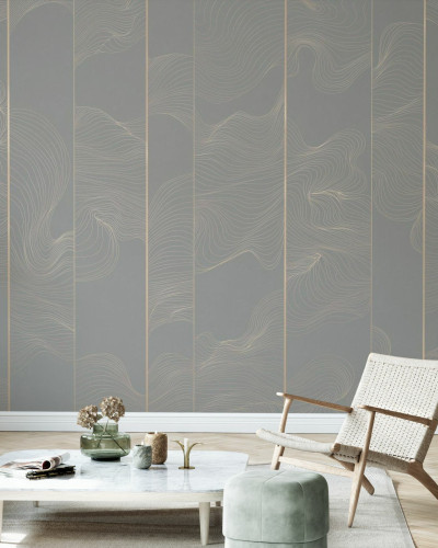 Fototapet  "Illuminated Lines Curved" cu linii aurii delicate pe un fond gri