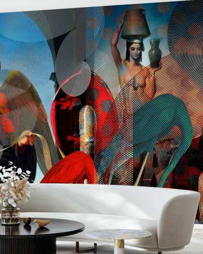 Tapet Curtains Choro Laudet cu femei si vase in fundal geometric