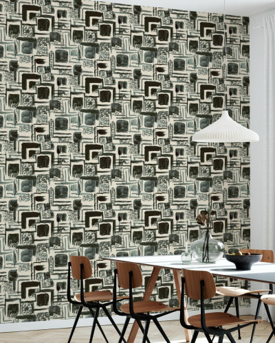 Tapet foto abstract cu model geometric modern în tonuri de gri, negru și alb, perfect pentru a adăuga un element de artă contemporană în orice spațiu.