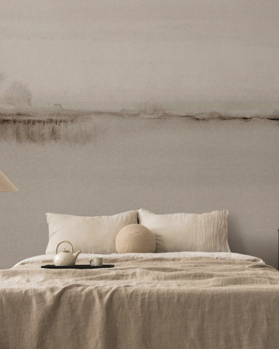 Watercolor Fields, Taupe Background - Tapet cu design minimalist cu un peisaj abstract