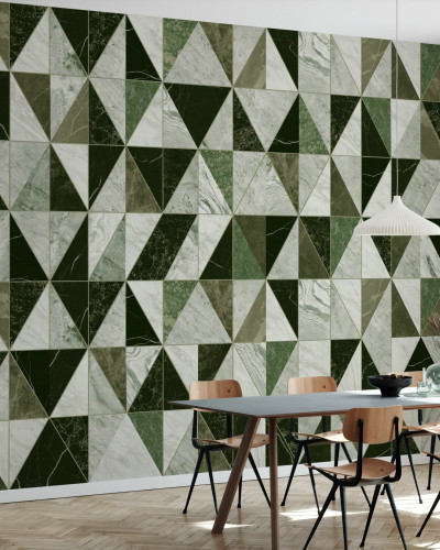 Tapet geometric cu design modern din marmura verde si alba