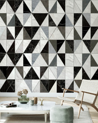 Tapet geometric din marmură, cu triunghiuri de marmură neagră, gri și alb