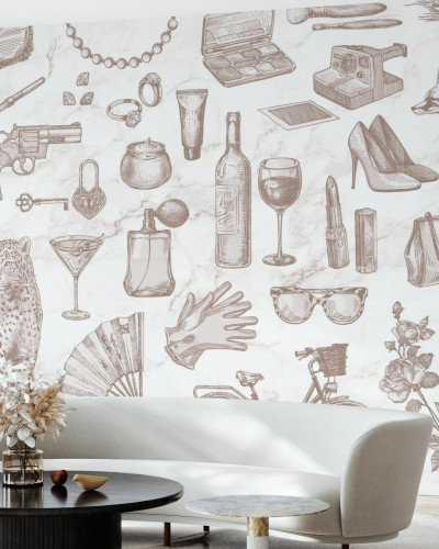 Tapet cu design vintage, cu elemente feminine, pe un fundal de marmura