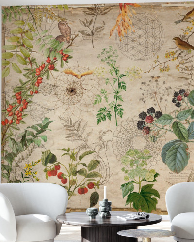 Tapet floral cu accente geometrice, ideal pentru a decora un living sau un dormitor.